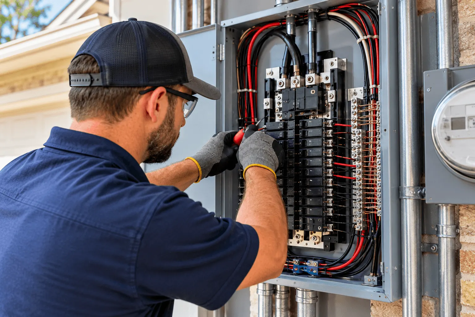 Electrician working on a residential electrical panel during a home electrical service upgrade.