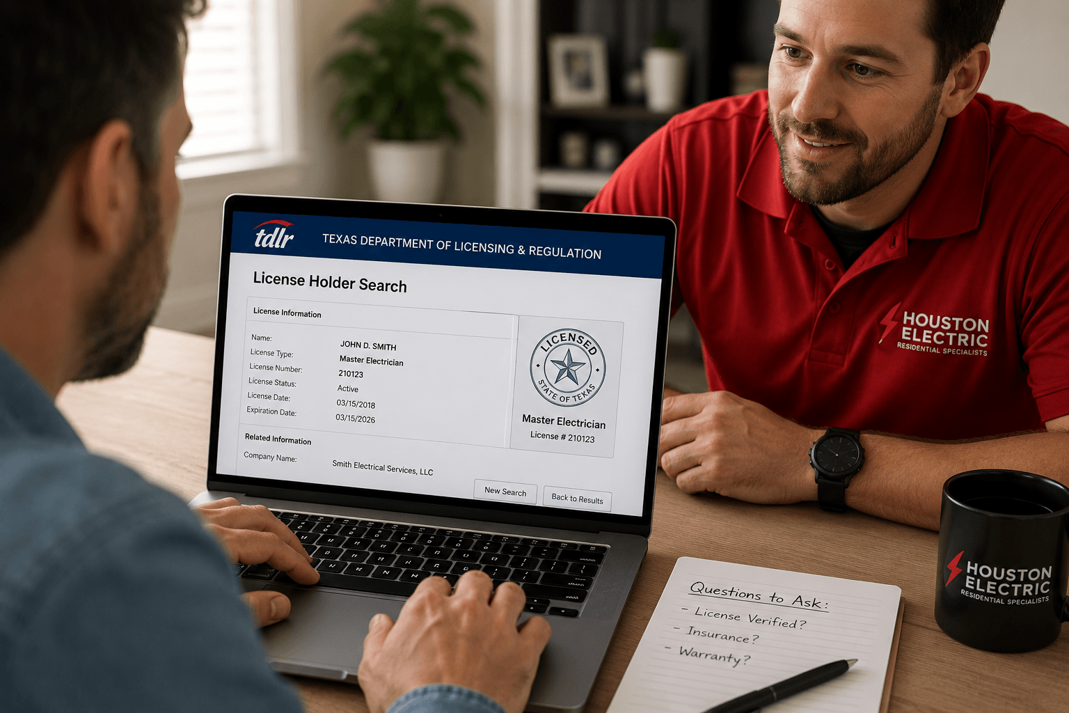 Homeowner checking a Texas electrician license online before hiring an electrical contractor