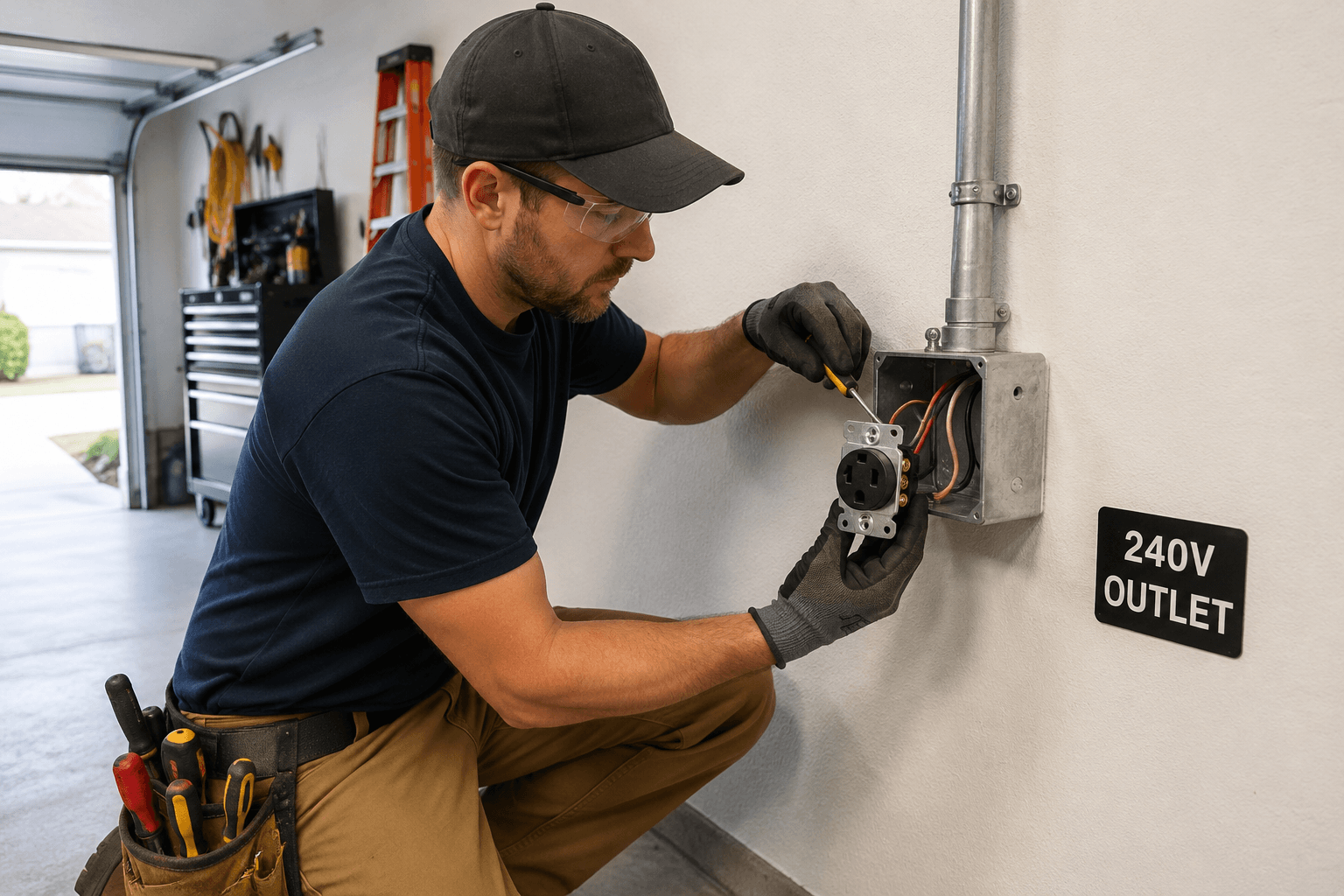 Licensed electrician installing a 240V outlet in a Katy TX garage