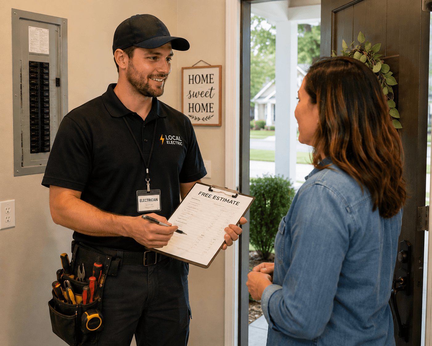 Electrician providing a free estimate to a homeowner in Katy TX