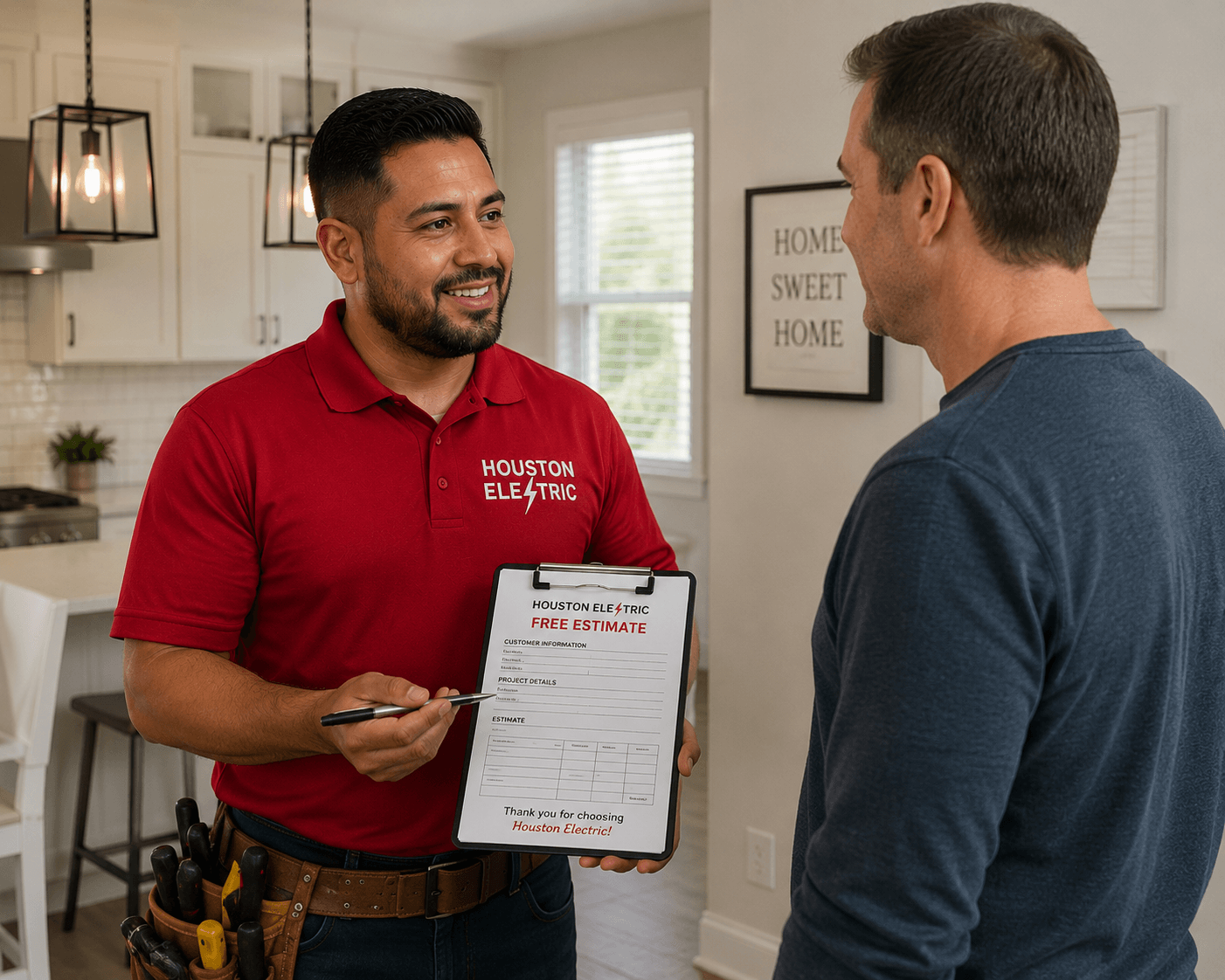Electrician providing a free estimate to a homeowner in Houston TX