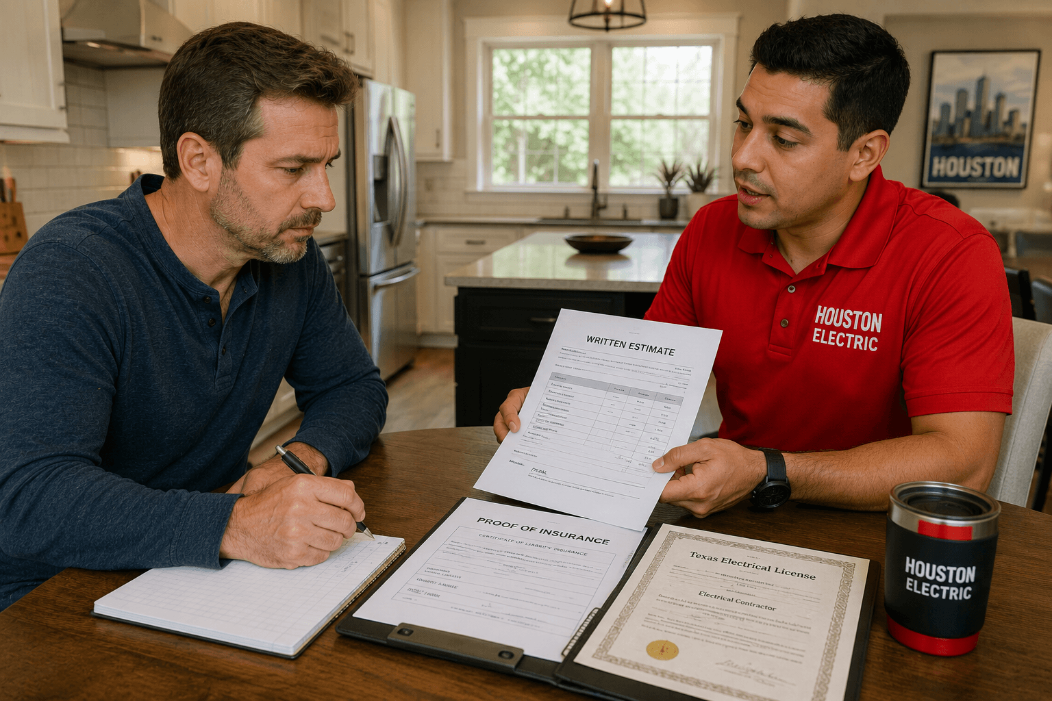 Houston homeowner reviewing an electrician's license, insurance, and written estimate before hiring
