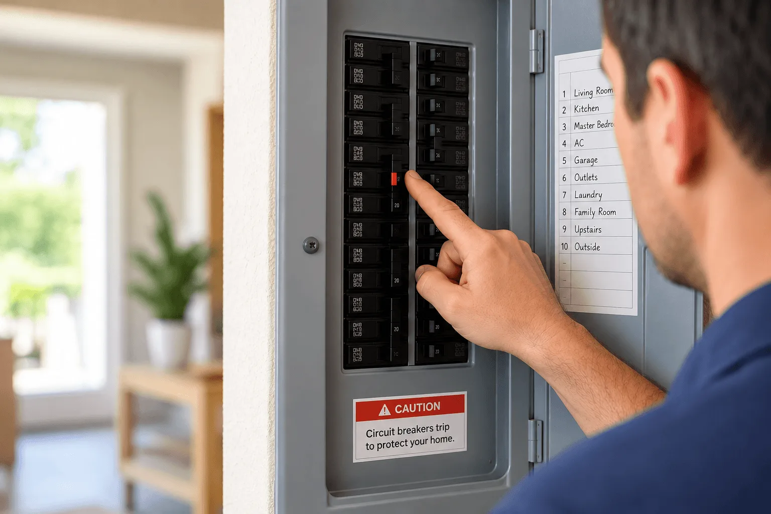 Circuit Breaker Keeps Tripping in Cypress, TX Cypress homeowner checking an electrical panel after a circuit breaker keeps tripping.
