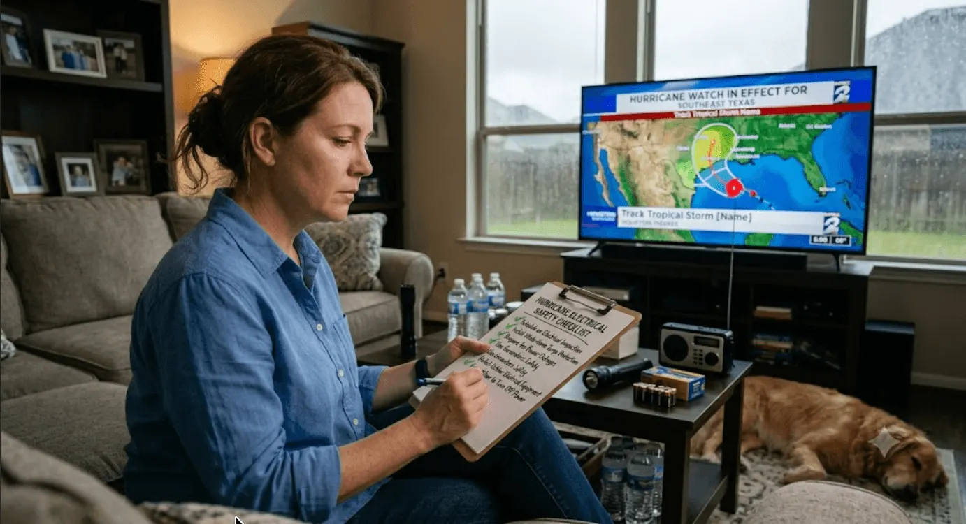 Homeowner reviewing an electrical safety checklist while a hurricane warning is displayed on the television in a Cypress, Texas home.