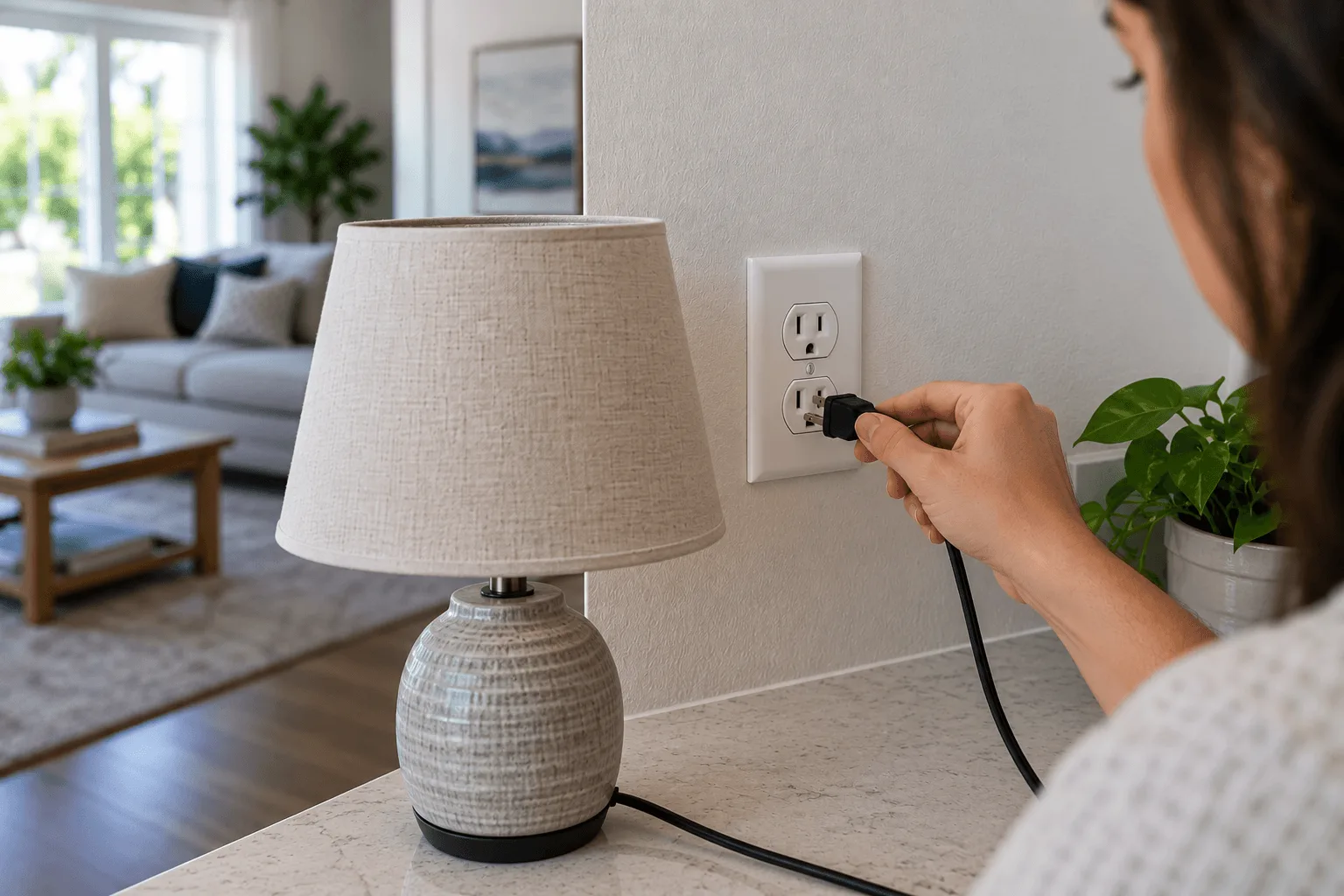 Cypress homeowner testing an electrical outlet with a lamp that is not working.