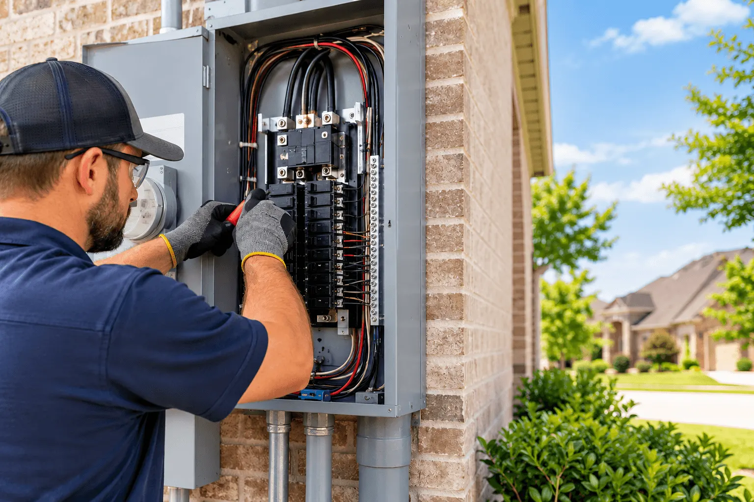Electrical Panel Replacement in Cypress, TX Licensed electrician replacing an electrical panel at a home in Cypress, TX