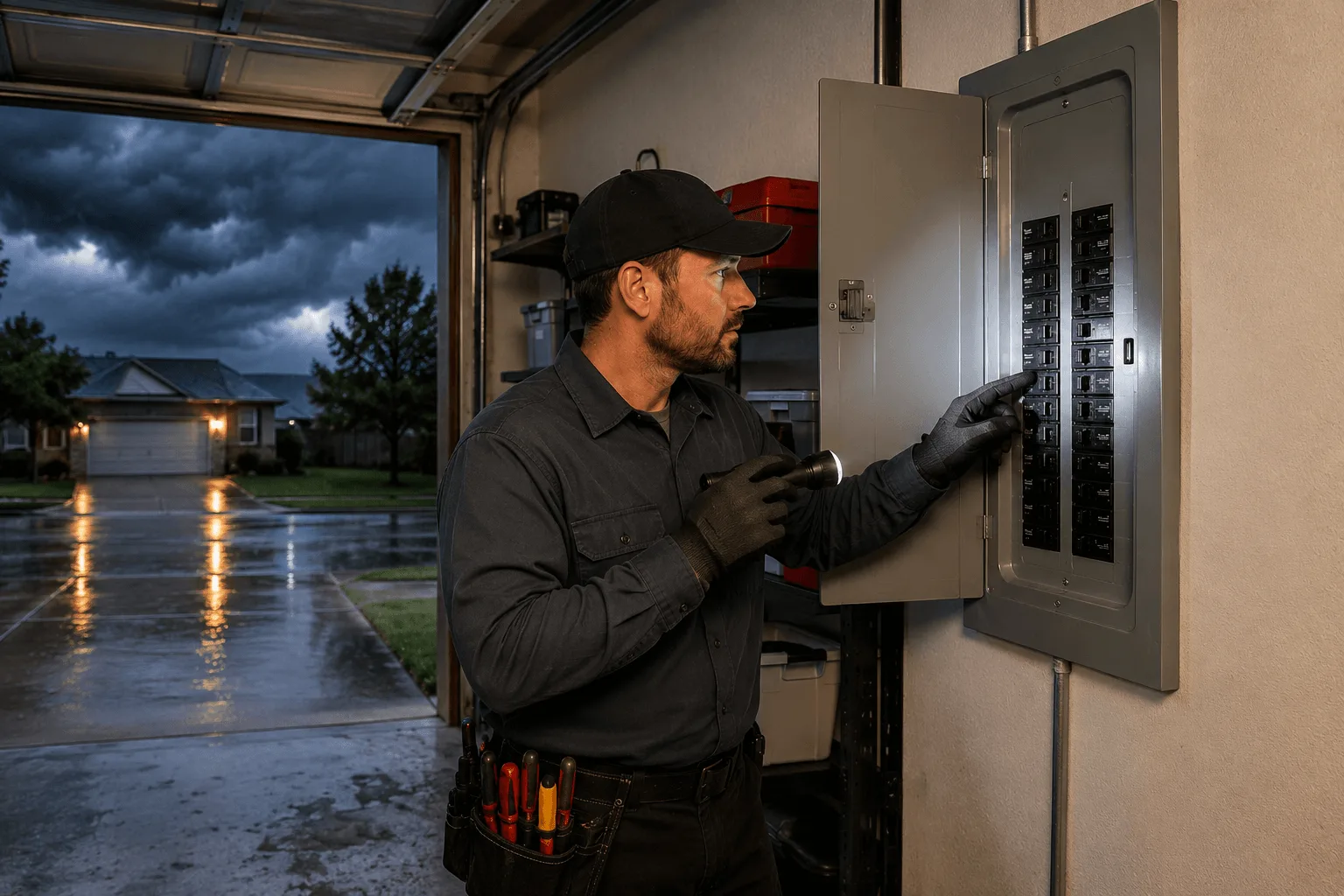 Licensed electrician inspecting a home's electrical panel in a dry garage after a thunderstorm while dark storm clouds remain outside.