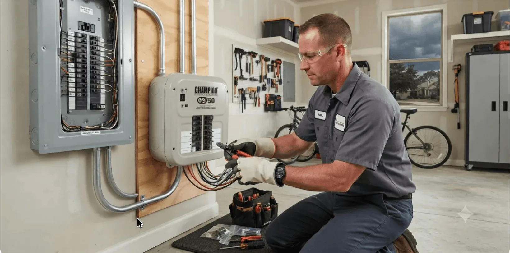Licensed electrician installing a generator transfer switch next to a home's electrical panel before hurricane season.