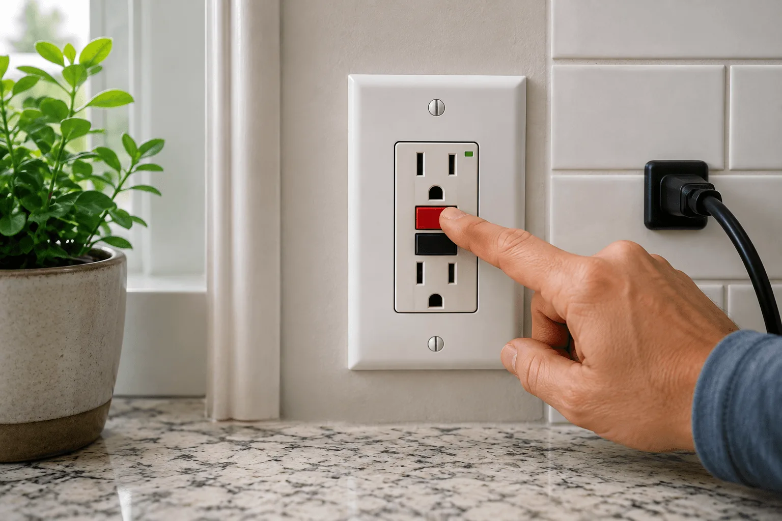 Cypress homeowner pressing the reset button on a GFCI outlet that keeps tripping.