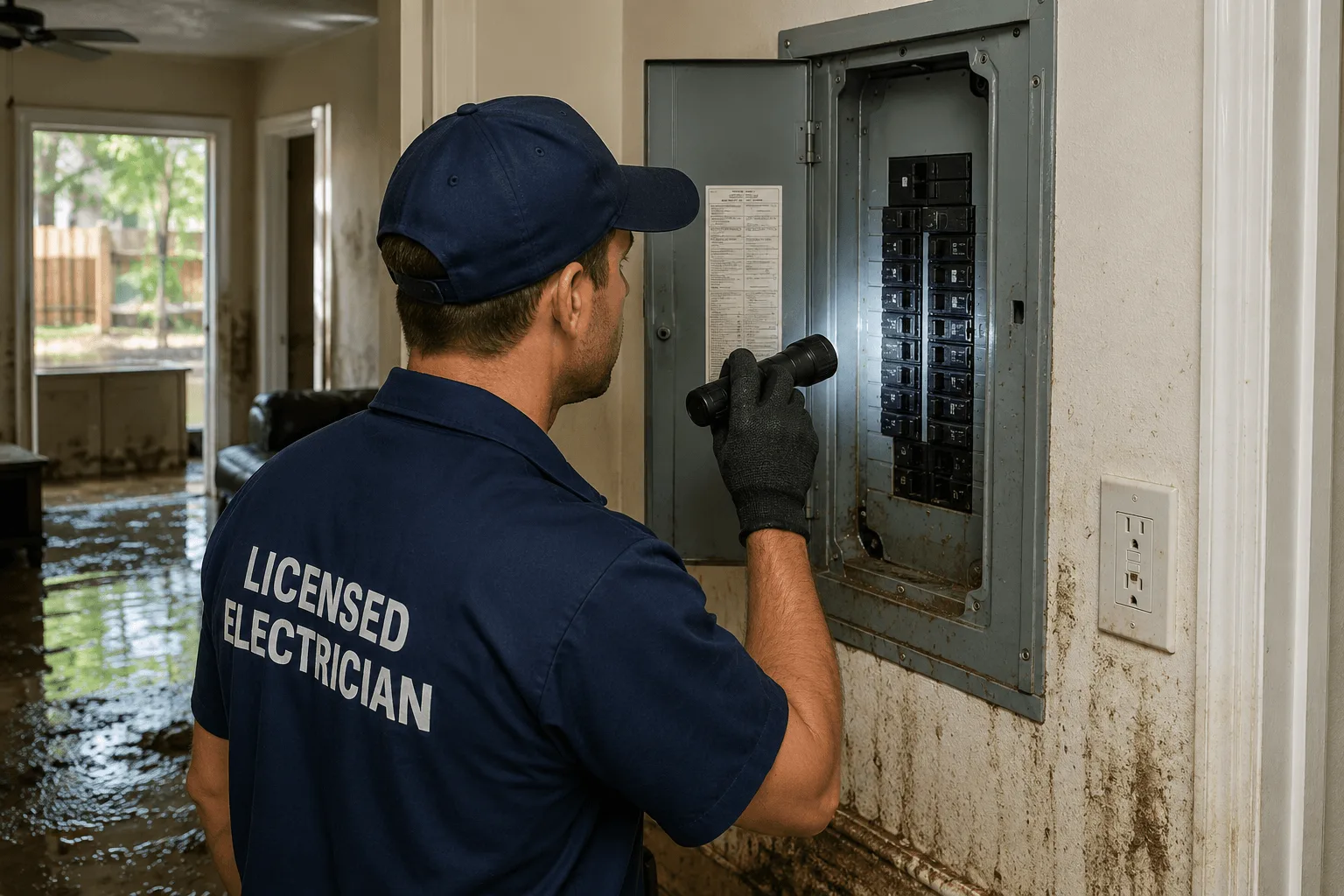 Licensed electrician inspecting a residential electrical panel after floodwater receded in a Cypress, Texas home.