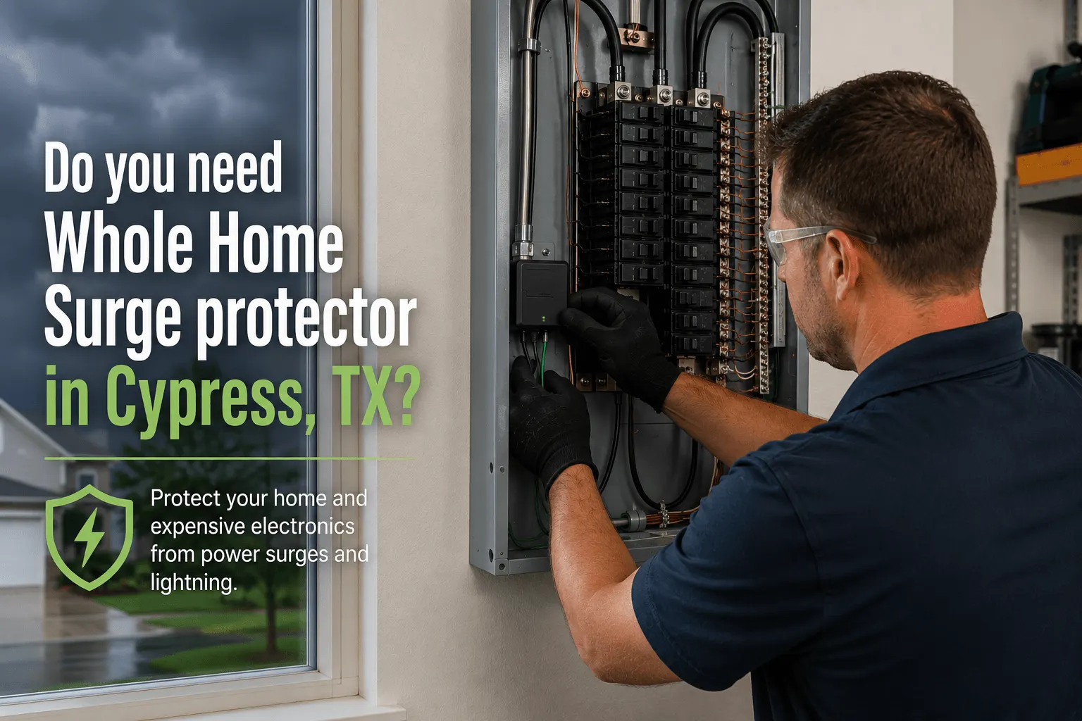 Licensed electrician installing a whole-home surge protector inside an electrical panel in a Cypress, Texas home.